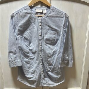 Chico's Blue and white pinstripe Button-Up Shirt featuring a Mandarin collar